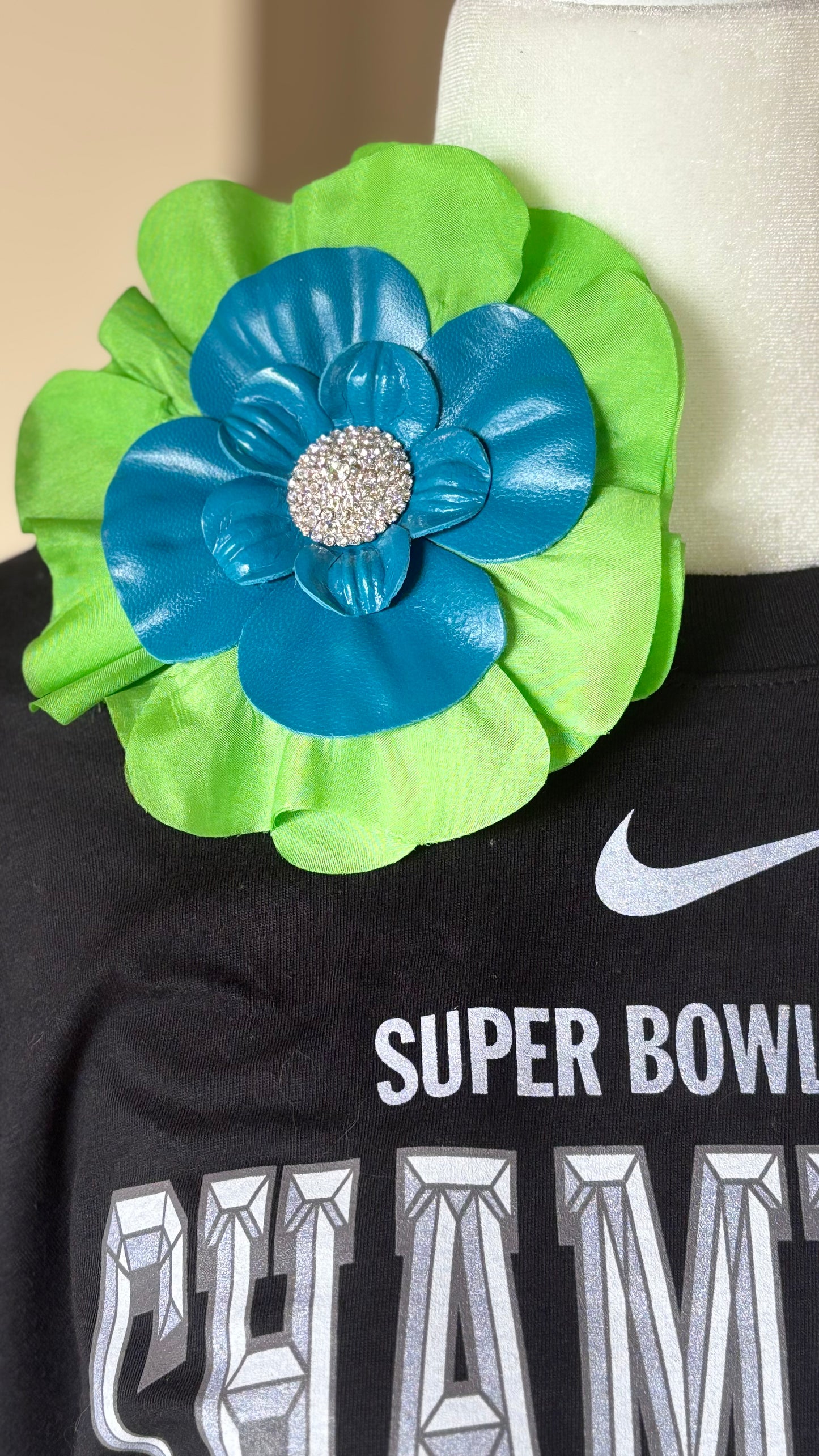 "Seattle SEAHAWKS" Lime Silk and Blue Leather Silk Poppy Crystal Brooch and Clip: Bendable Petals.  Wear on jersey, in hair, on handbag and more