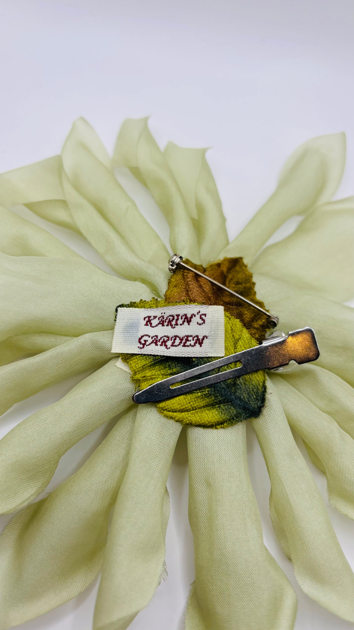 Green Silk Flower Pin, 4.5" Karin's Garden silk flower brooch & clip