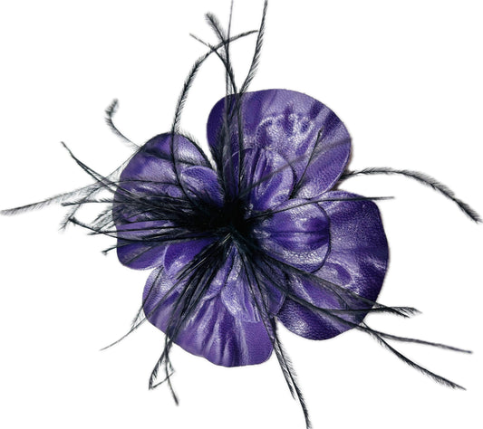 "Min" Leather Camellia & Ostrich Purple Brooch Clip. 4" Clip or Pin to Scarf, Into Hair, on lapel, dress, hat and more. Handmade in the USA.