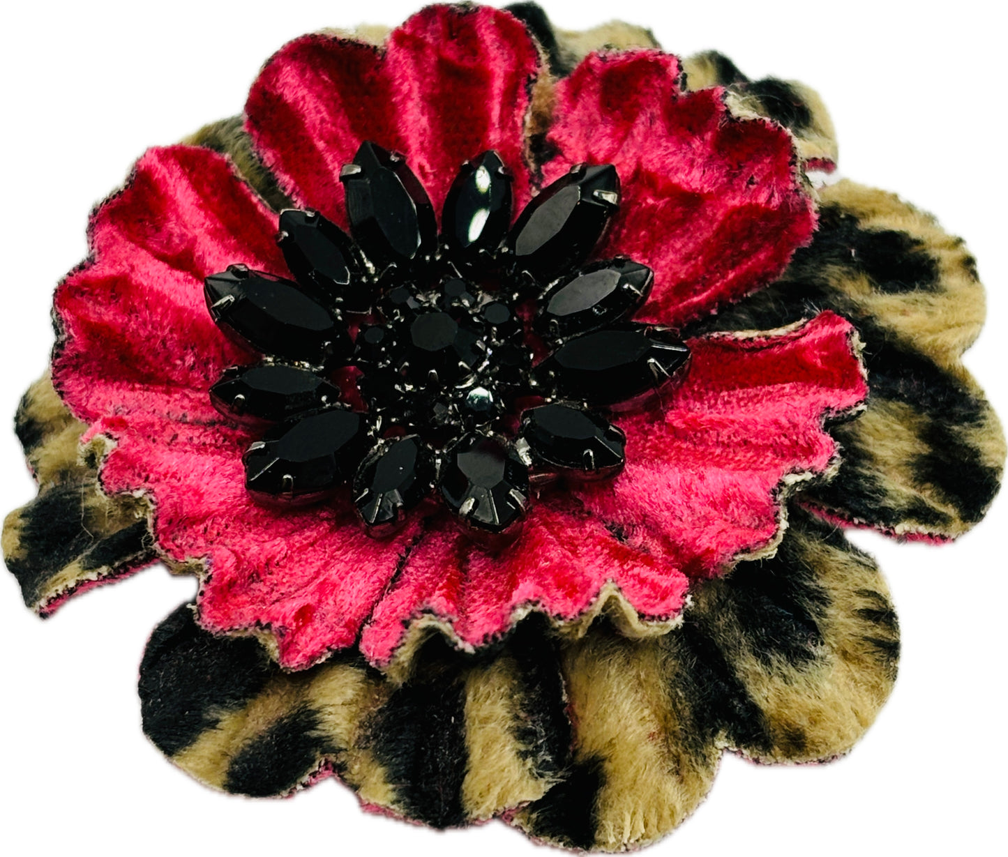 Karin’s Garden 2.5” Leopard & Red Velvet with black crystal jeweled center.  Pin or Clip into hair, lapel & more.