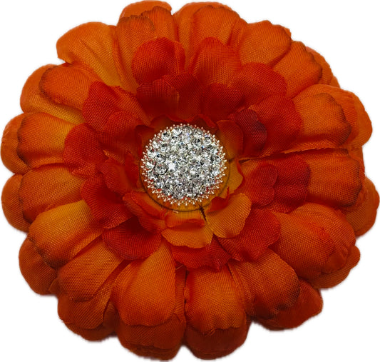 “Dahlia Doll" Orange & Crystal Brooch and Clip.  Pin or Clip into Hair, onto necklace, onto wristlet, on handbag, hat, lapel and more.