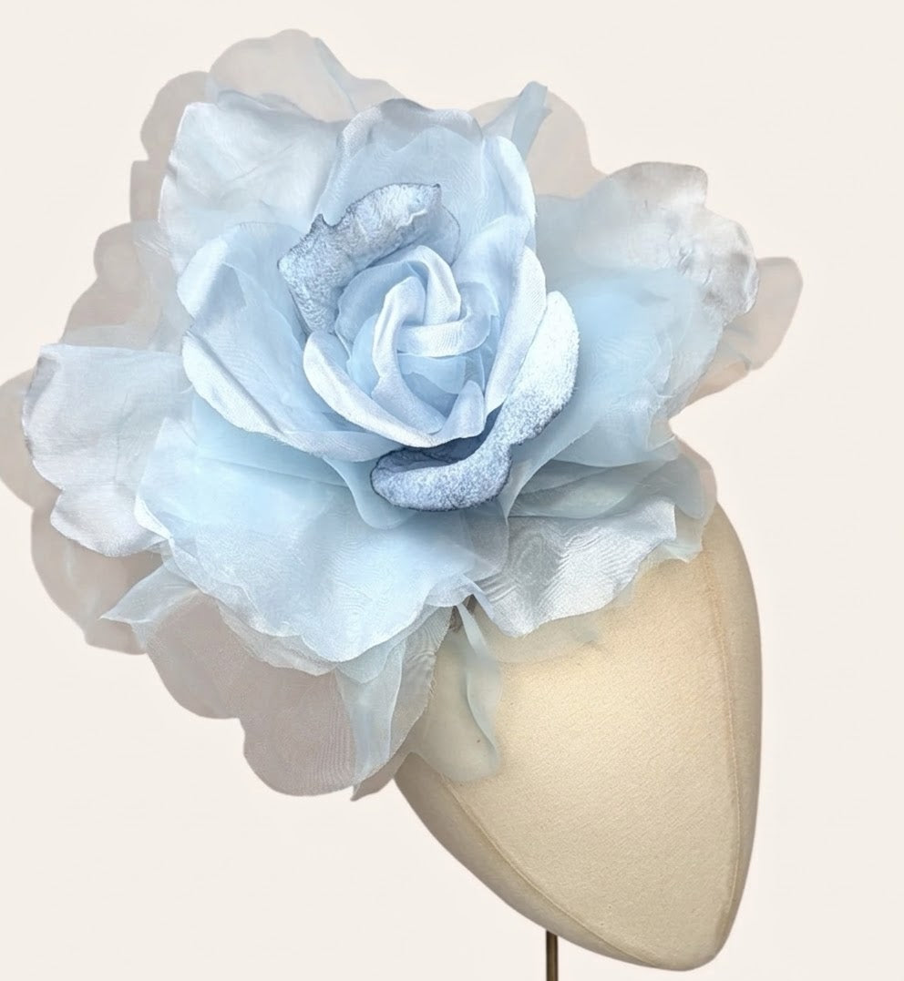 Karin's Garden 10" "Ariana" Powder Blue Silk & Velvet Organza Rose Pin & Clip.  A Statement Flower