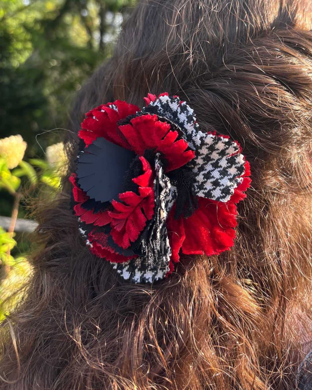 Brooke Red, White & Black Houndstooth & Lace Flower Pin & Clip, 3"