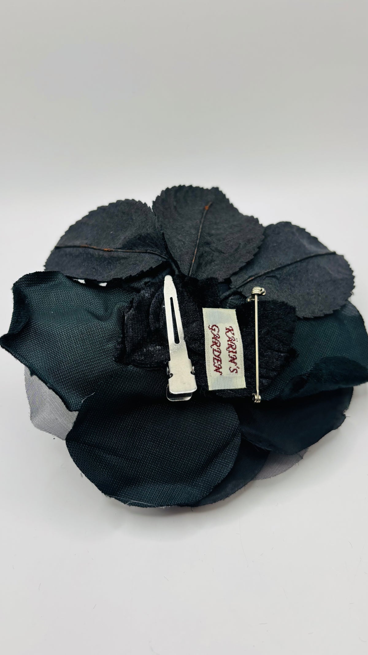 St John Black Silk Organza and Silk Velvet Rose Pin Clip. Wear in your hair, on your lapel, dress, on handbag, necklace or hat.