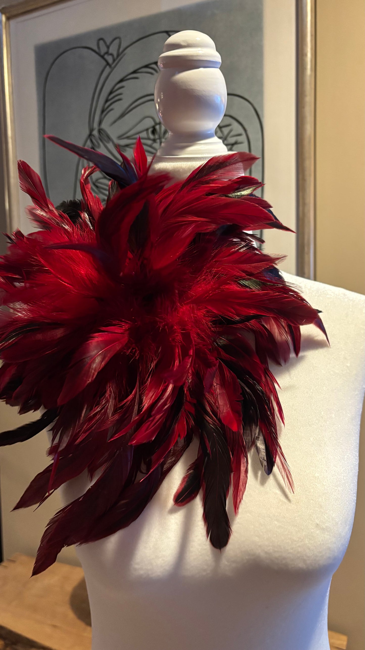 “Abracadabra” Red & Black Feather Brooch & Clip.  12" Pin or Clip to lapel, dress, blazer, clip onto wrist elastic, jacket, handbag, hair, hat and more.