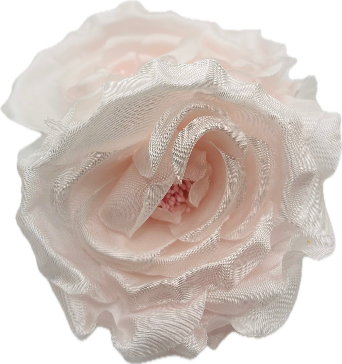 "Bianca" 4.5" Petal Pink Double Rose Silk Brooch and Clip.  Pin or Clip onto dress, into hair, onto handbag, hats, on a dress and more.