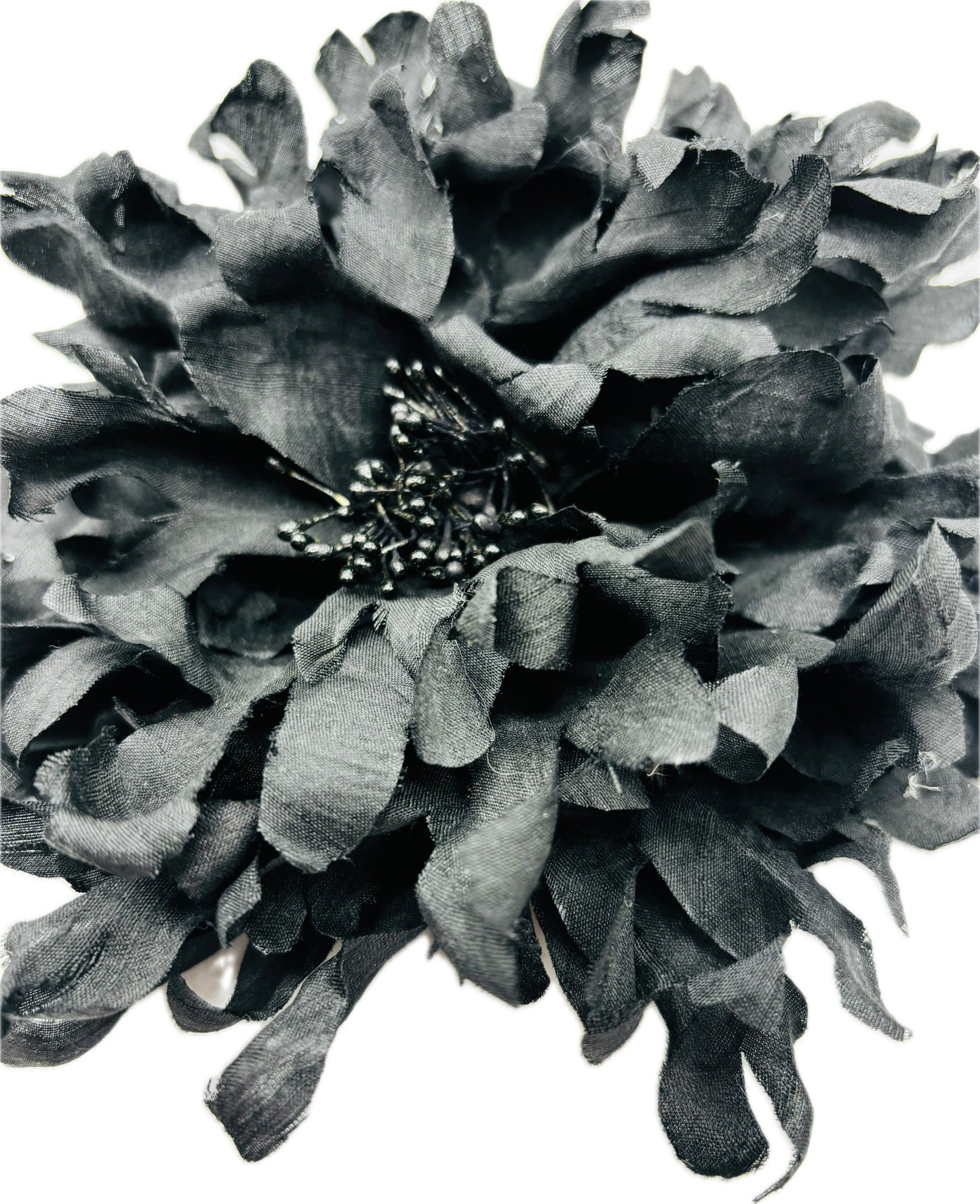 Karin’s Garden 8” Black Empress Flower Pin and Clip.  Silk Dupioni, made in the USA.  A special stunner statement accessory!