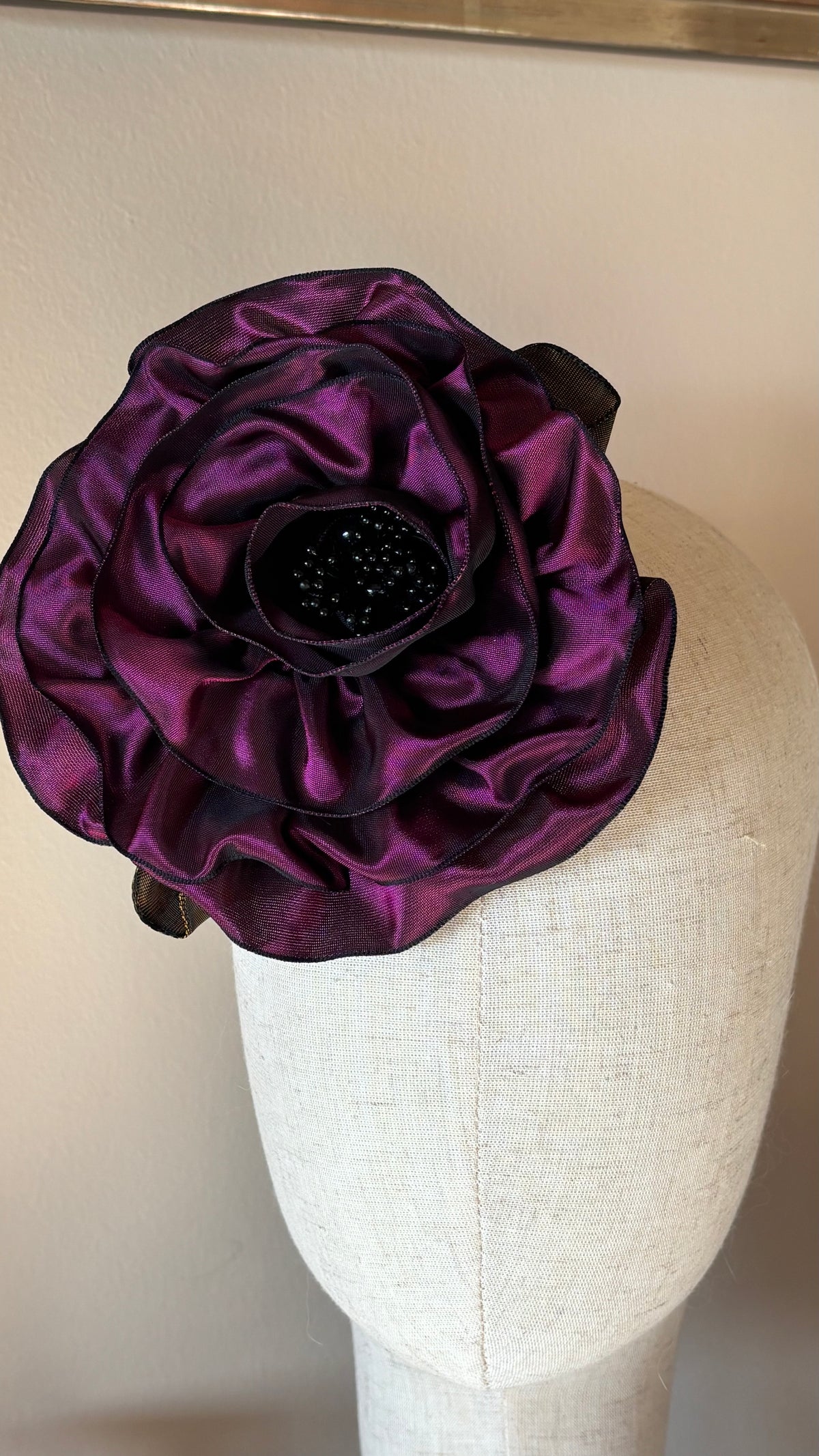 “Rosette” Brooch & Clip in Plum.  Pin or Clip to dresses, lapels, handbag or hat.  Made in the USA.  You can reshape the flower and leaves.
