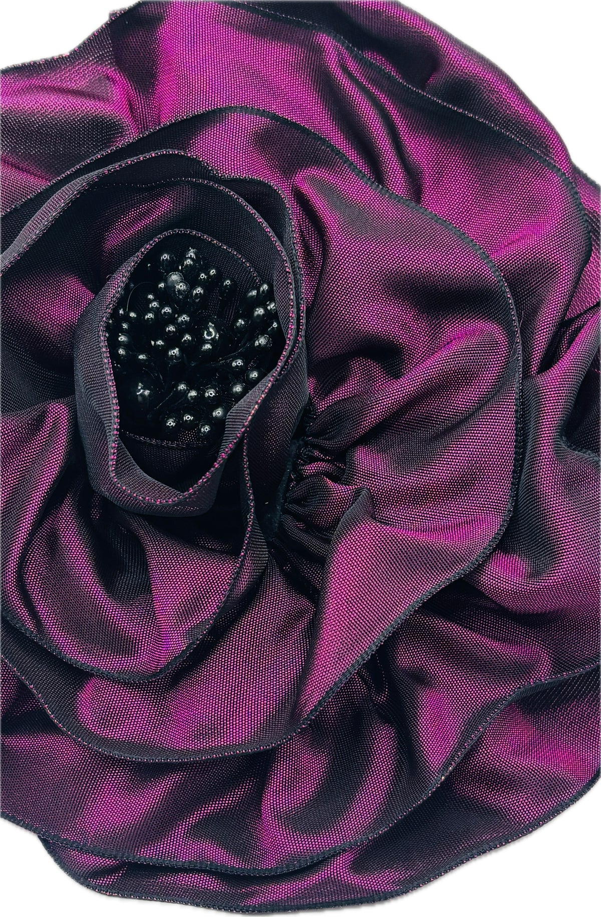“Rosette” Brooch & Clip in Plum.  Pin or Clip to dresses, lapels, handbag or hat.  Made in the USA.  You can reshape the flower and leaves.