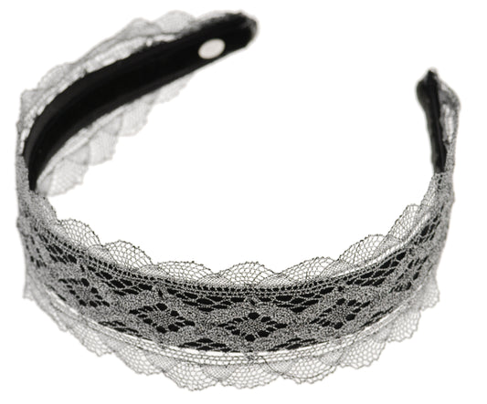 Silver Lace Headband over 1 inch black silk headband. Handmade in the USA.  Fabric from France