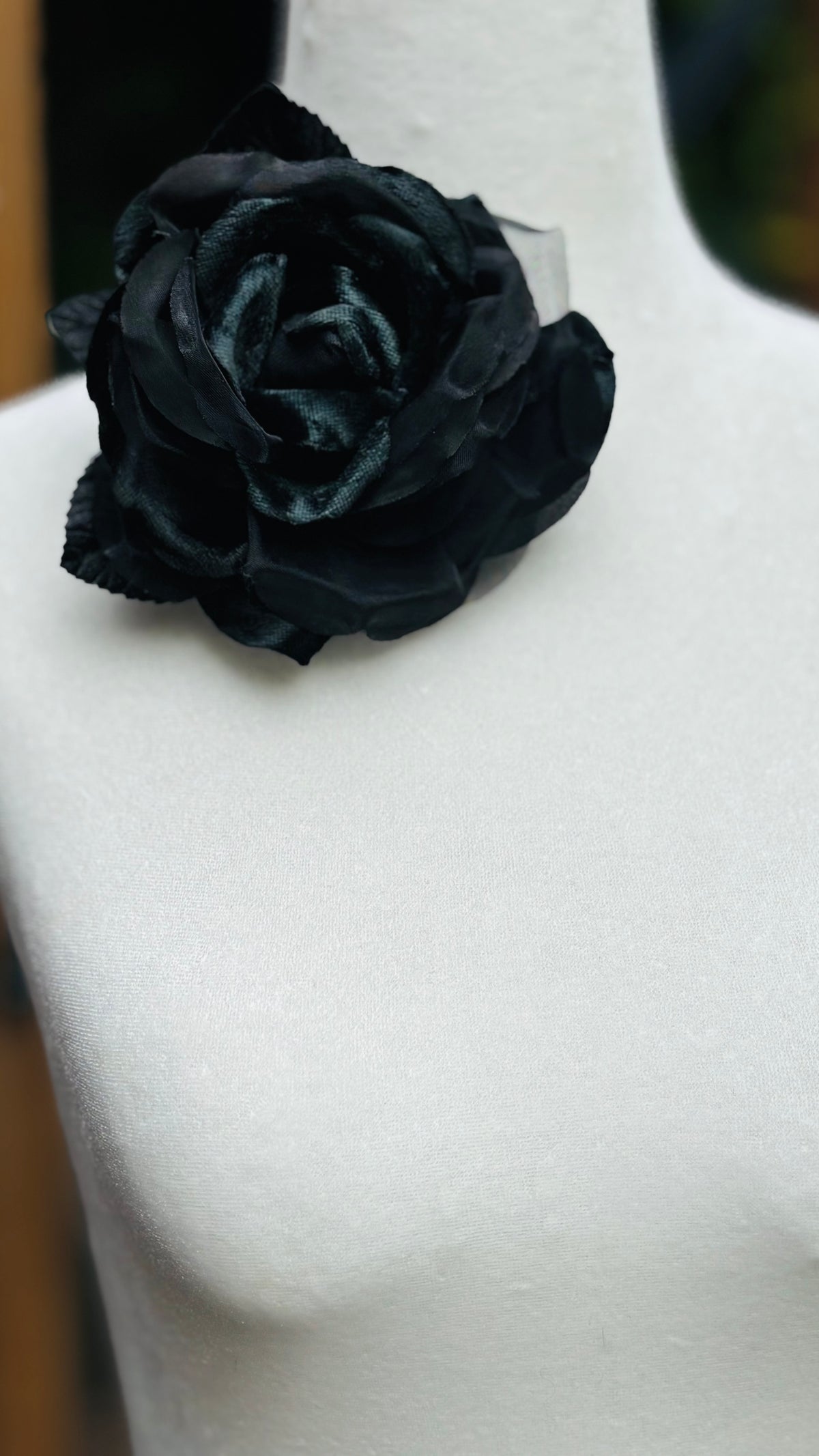 St John Black Silk Organza and Silk Velvet Rose Pin Clip. Wear in your hair, on your lapel, dress, on handbag, necklace or hat.