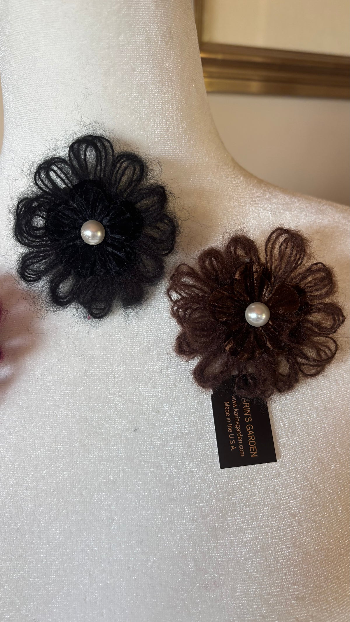 Mohair Velvet Pearl Brooch and Clip in Black.  Handmade in the USA