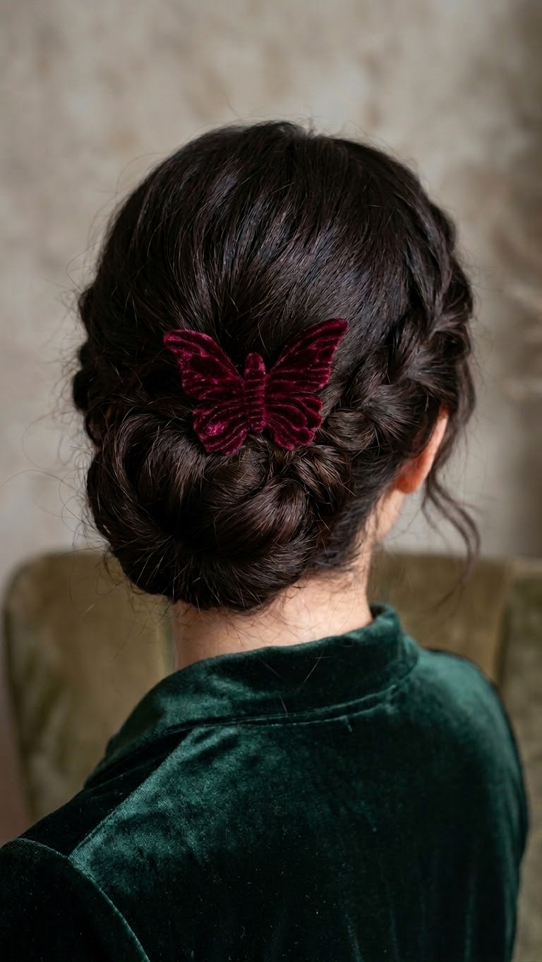 Mariposa Wine Velvet Butterfly Clip Handmade in the USA.  Clip into hair, onto lapel, dress, handbag and more.