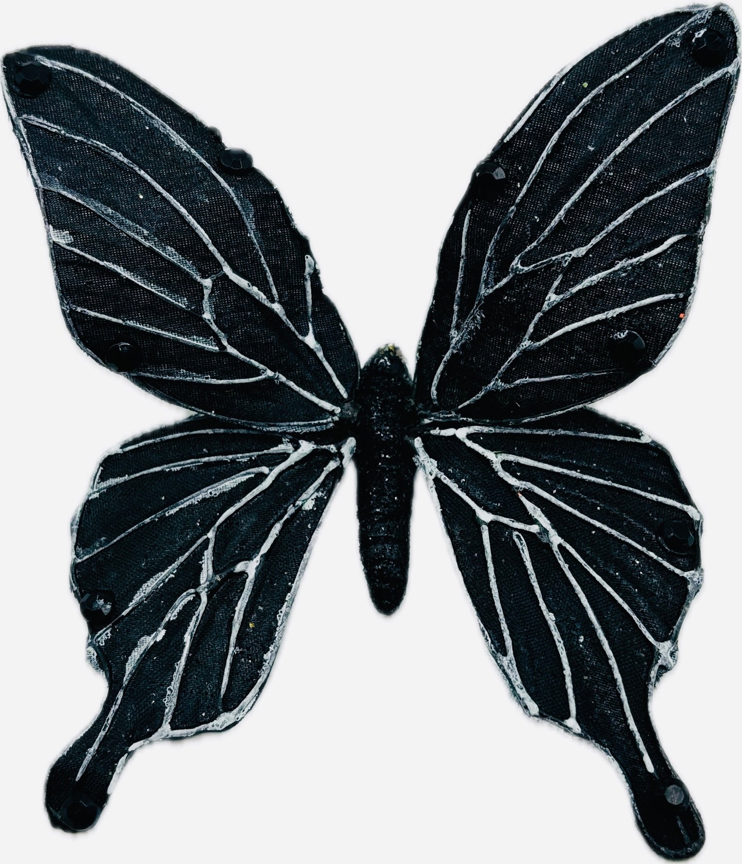 "Vanessa" Karin's Garden 3" Black White Butterfly clip. Bendable petals. Wear in your hair, clip to wristlet, clip on lapel, tank top or dress.  Clothing by detailsdancewear