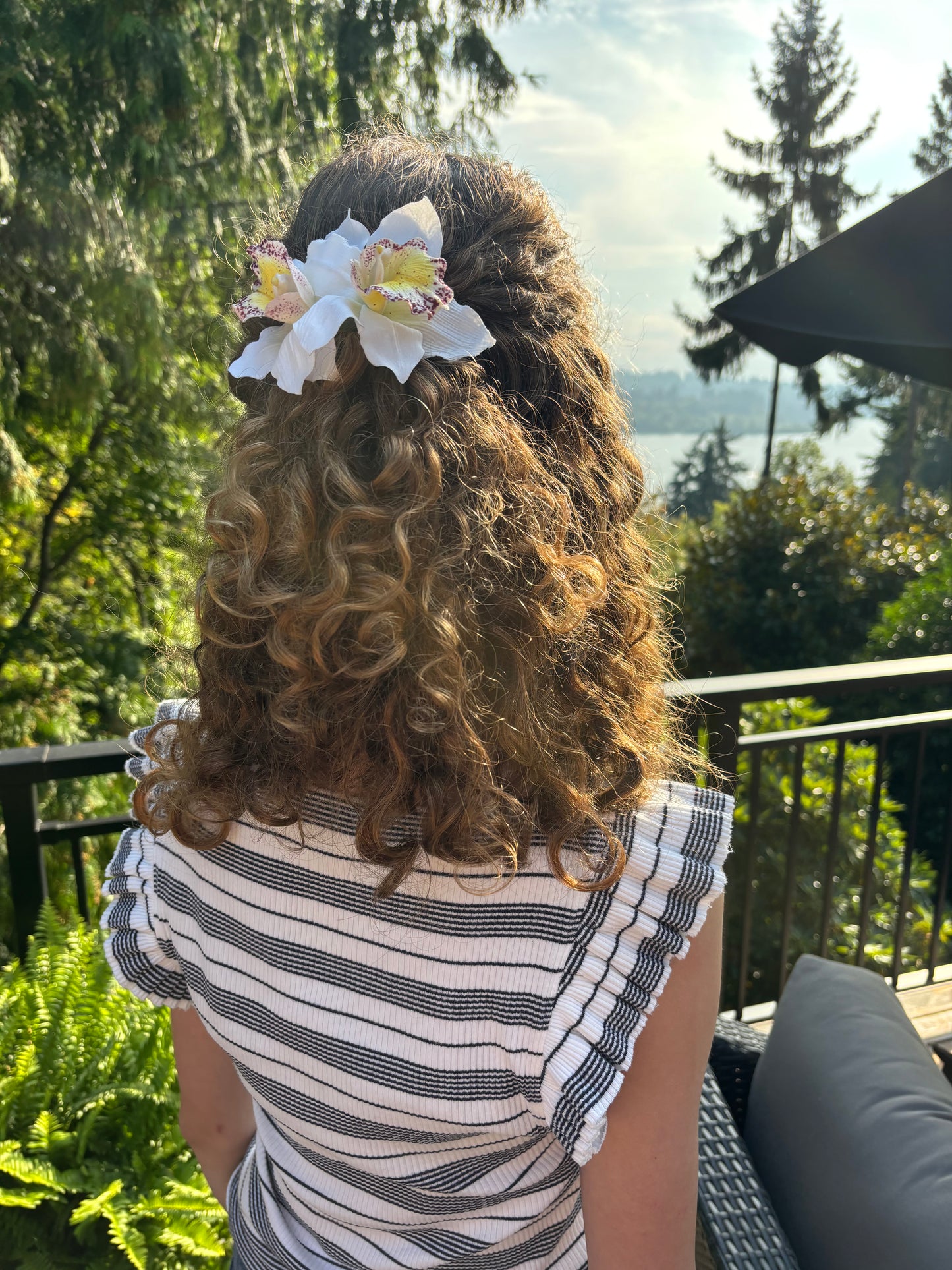 "Chloe" Vanda Orchid in Chartreuse French Metal Hair Barrette - Lifelike Orchids - Bendable Petals