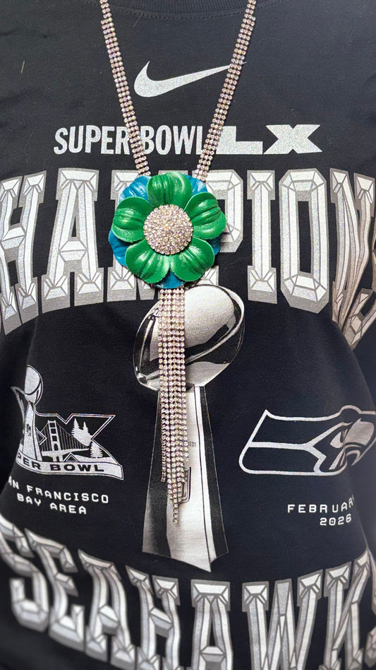 “Seahawks" 2.25 Petite Leather & Crystal Flower Pin & Clip. White with Blue Center. Made in Seattle, WA