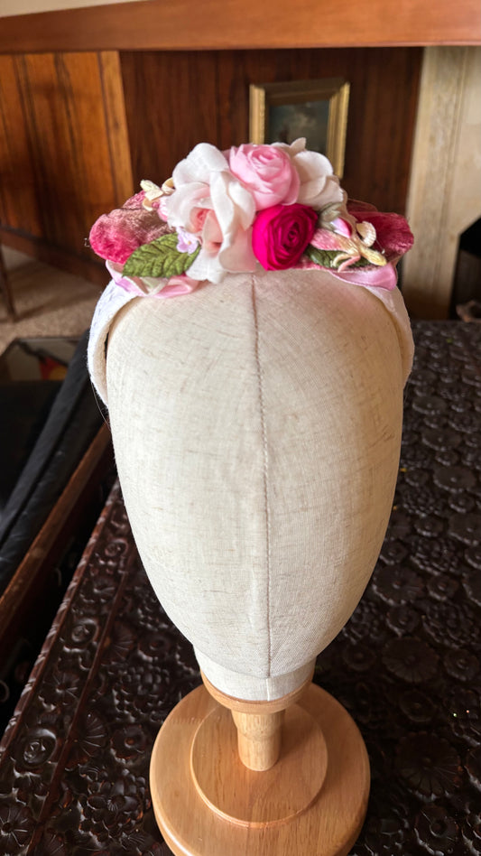 Cordelia one-of-a-kind Pink & White Floral Embroidered 1” Comfort Fit Non Slip Headband. Limited Edition Only one available. Handmade in the USA.