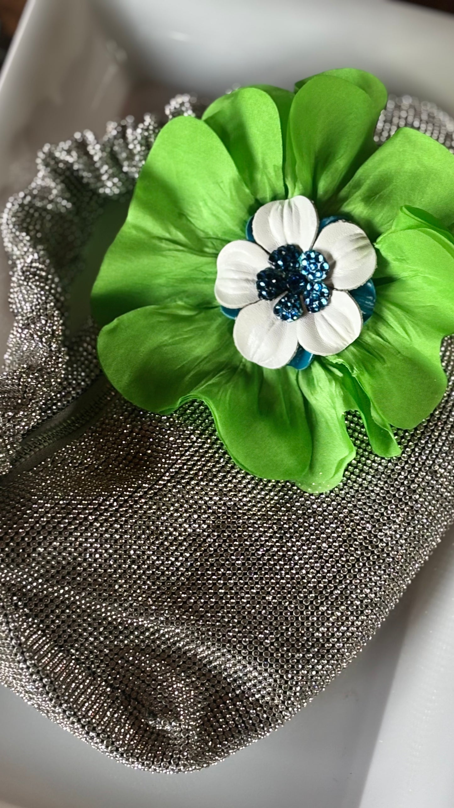 “Seahawks” Silk Poppy with Leather & Crystal Center.  Brooch & Clip.  Made in Seattle, WA.  Multi Use