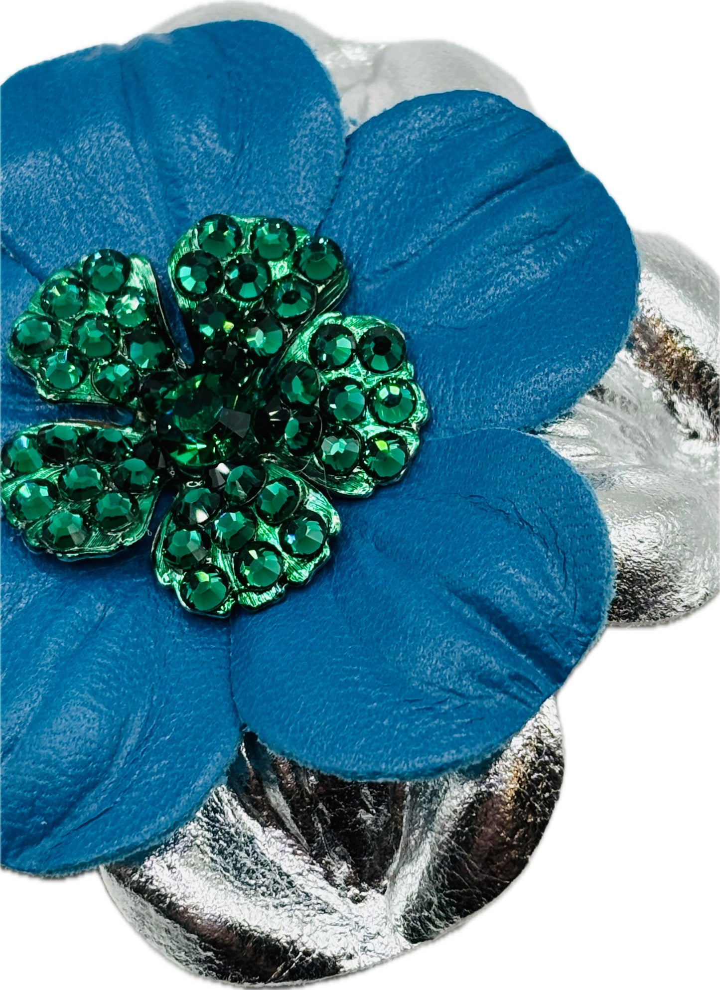 "Seahawks" Glam Leather Crystal Daisy Pin & Clip 2 1/2".  Crystal Center.  Blue with Green Center. Made in Seattle with Love