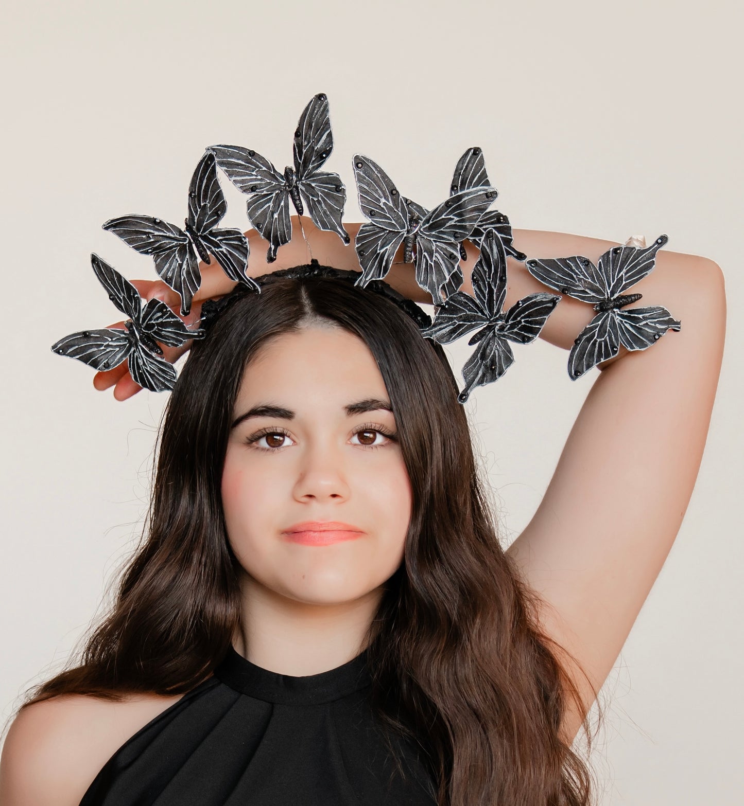 “Vanessa” Black Butterflies Headband.  Comfort Fit Silk Headband, Bendable Butterflies.  Handmade in Bellevue, Washington. Clothing by detailsdancewear