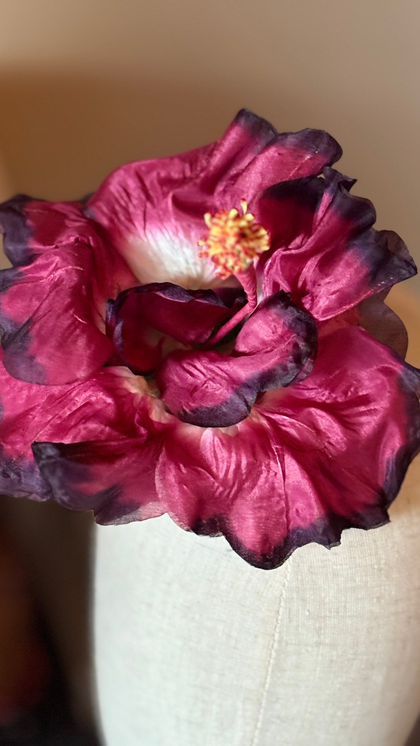 "Caterina" Vintage German Wine Silk GDR Hibiscus 6" Reimagined Mid-Century Brooch & Clip Duo.  For your sundress, handbag, hat & lapel.