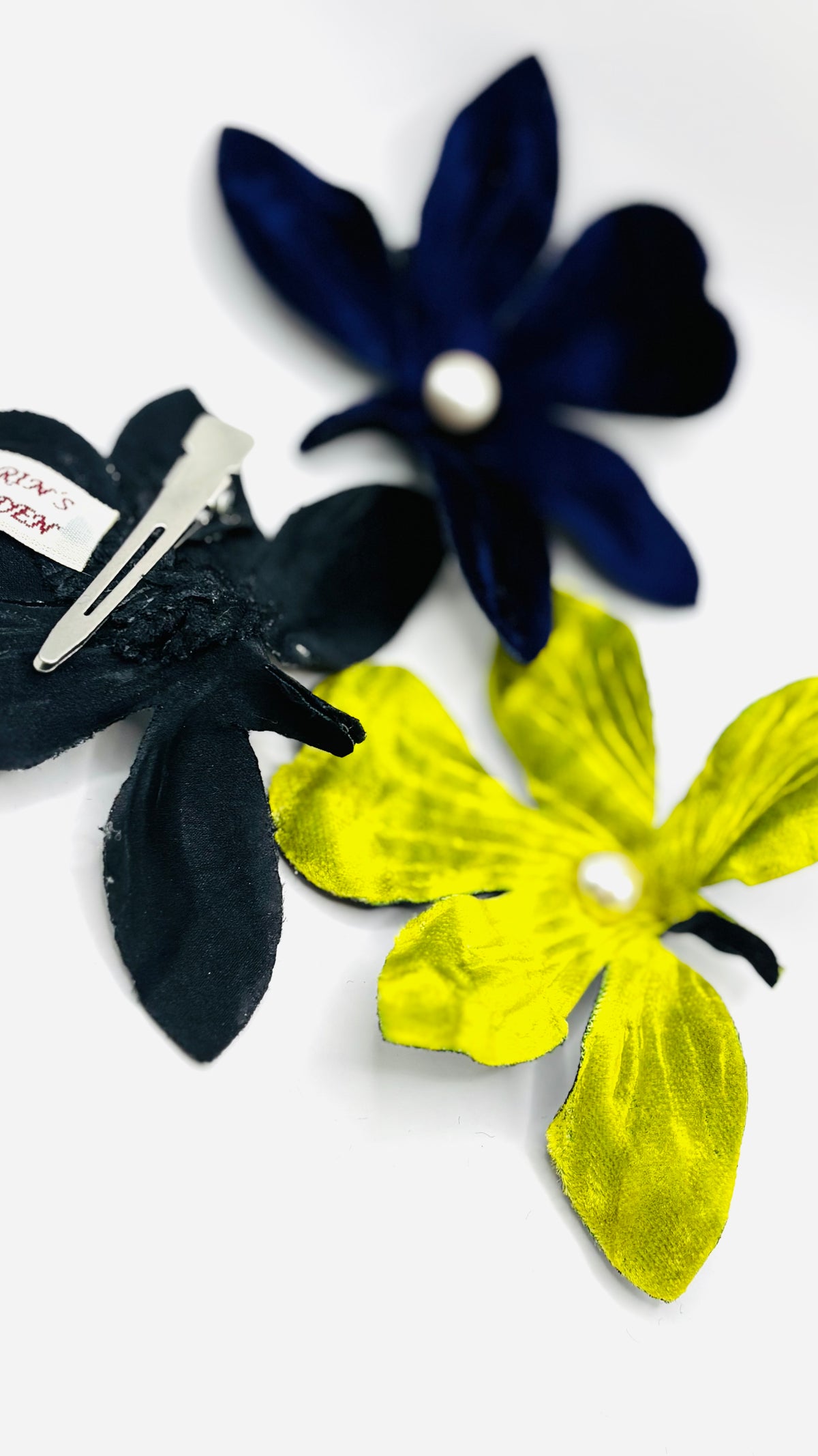 Chartreuse Crushed Velvet Orchid with pearl center Clip into hair, onto lapel, handbag and more