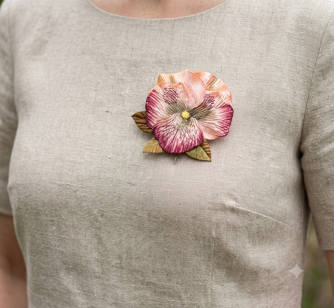 Dakota Pansy Burgundy Pink Flower Pin & Clip. 3 1/2 Inches.  Vintage Life like Pansy Pin.  Made in the USA