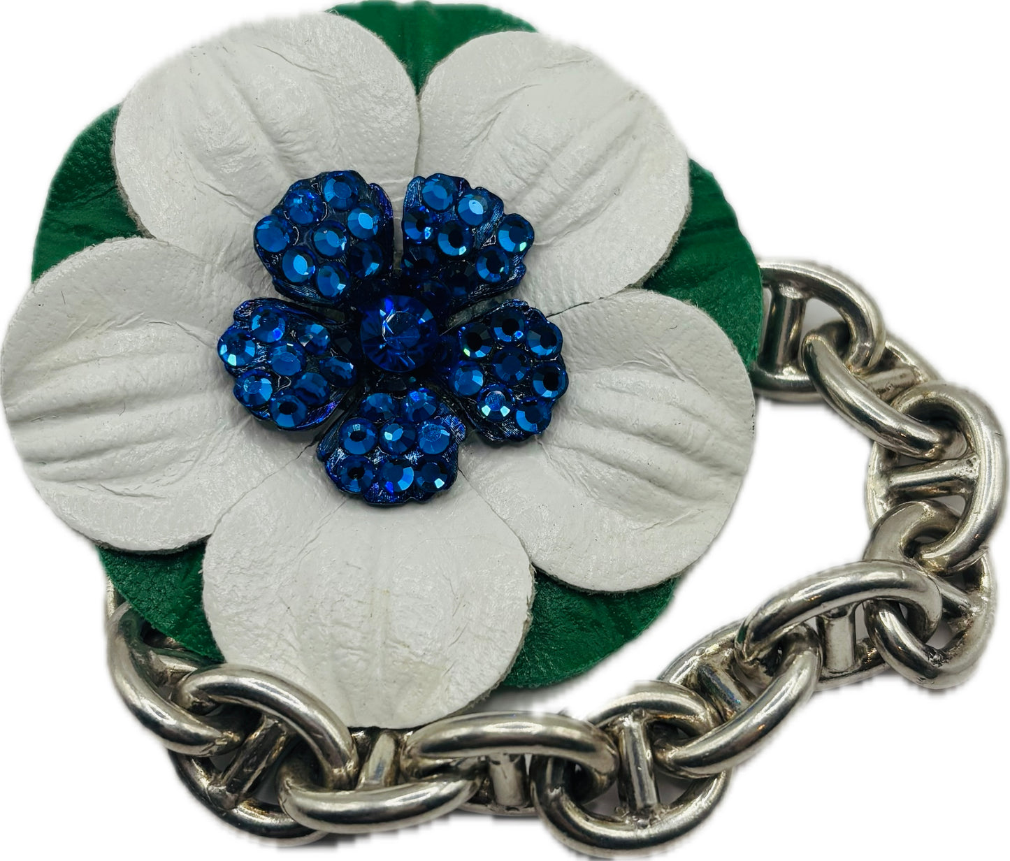 “Seahawks" 2.25 Petite Leather & Crystal Flower Pin & Clip. White with Blue Center. Made in Seattle, WA
