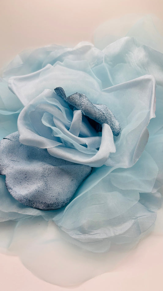 Karin's Garden 10" "Ariana" Powder Blue Silk & Velvet Organza Rose Pin & Clip.  A Statement Flower