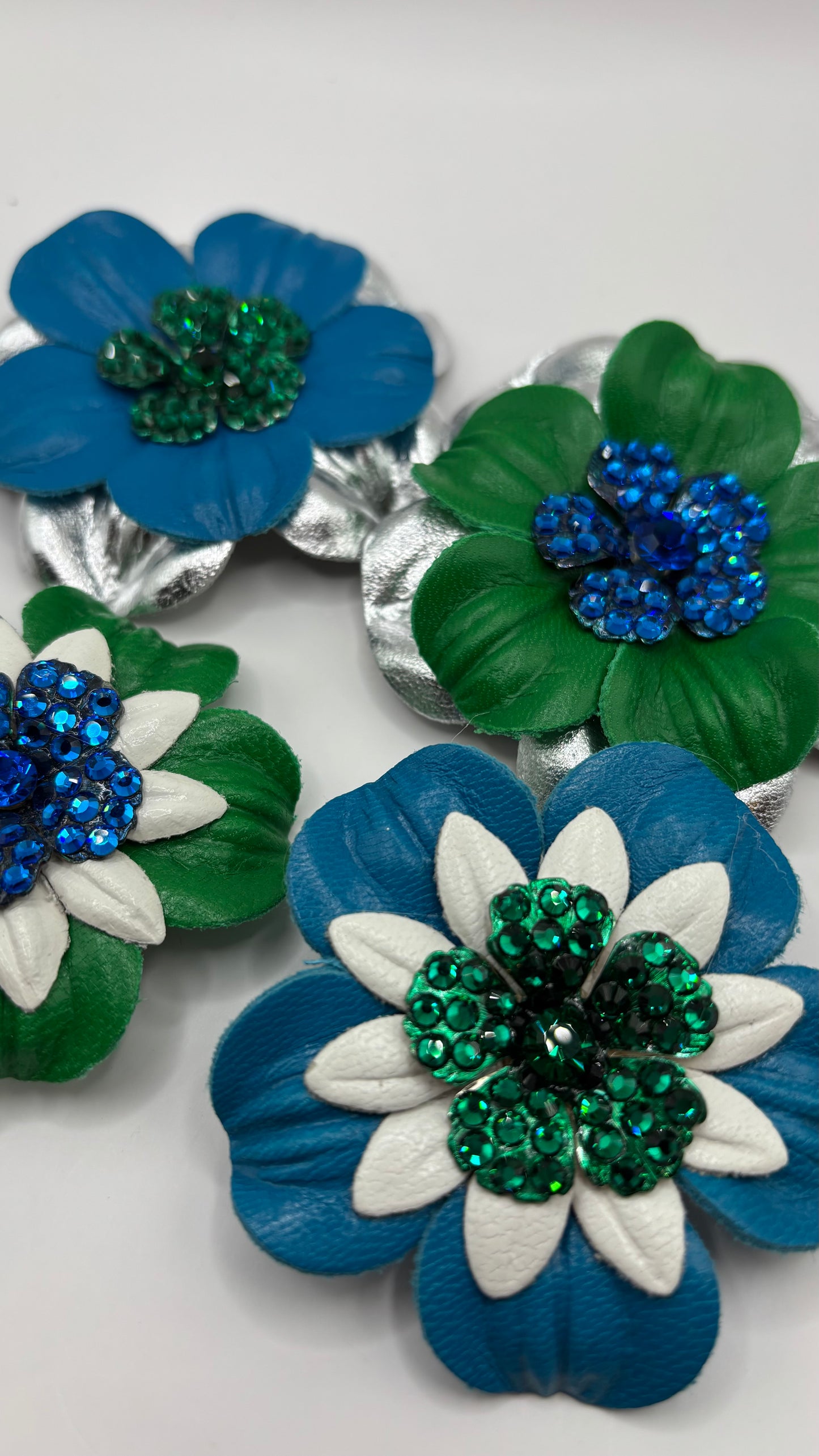 "Seahawks" Glam Leather Crystal Daisy Pin & Clip 2 1/2".  Crystal Center.  Green with Blue Center. Made in Seattle with Love