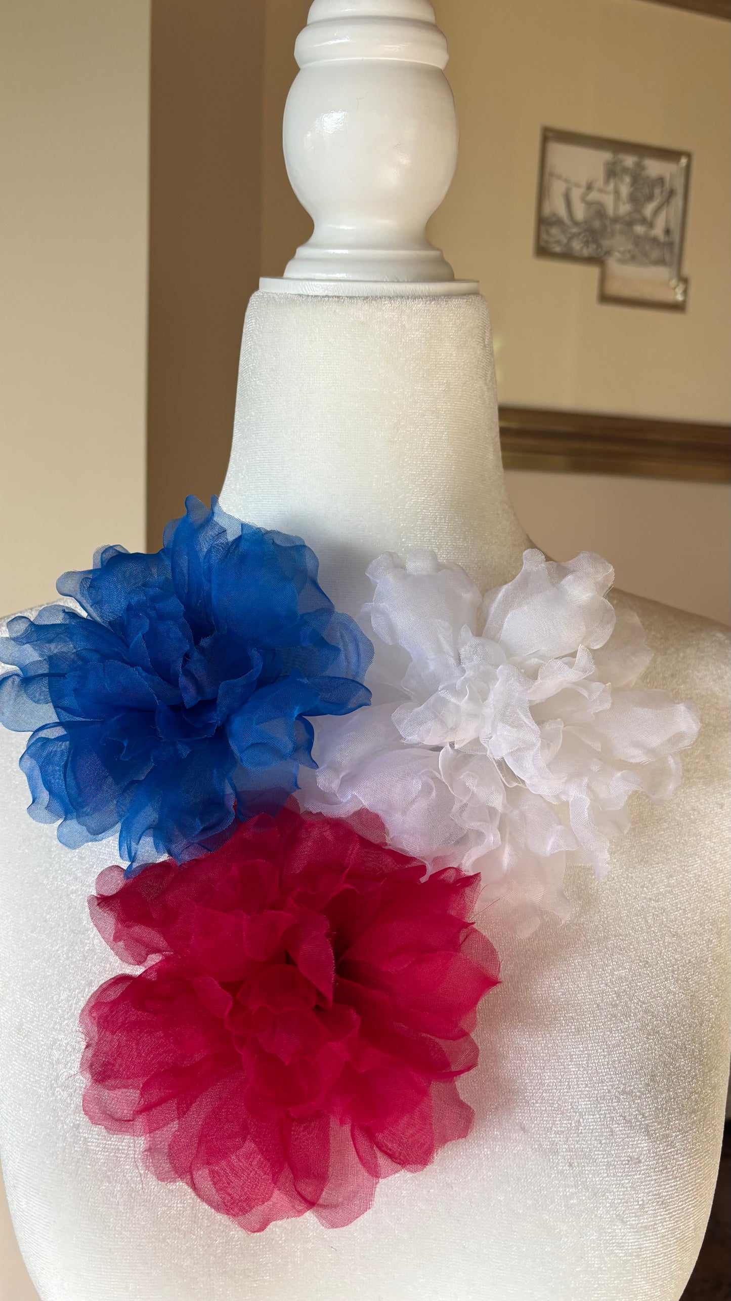 Karin's Garden "Harper" 4" Silk Royal Blue Organza Gardenia Pin Brooch & Clip. Handmade in the USA.  Pin or Clip into hair, onto dress, lapel, handbag and more.