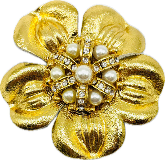 Karin’s Garden 2.5” "Hepburn" Gold Leather Flower with Jeweled center & Pearls.  Pin & Clip Duo.