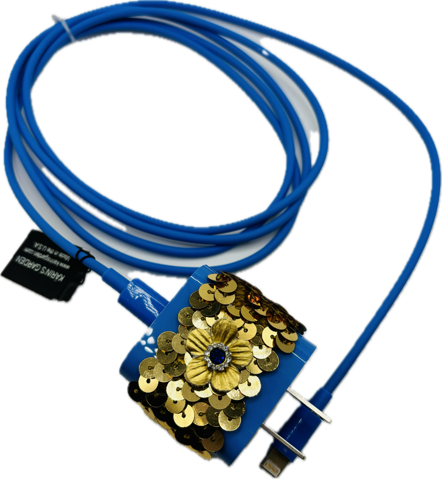 Karin's Garden Royal Blue Phone Charger Gold Sequin & Gold Leather Flower with Crystals