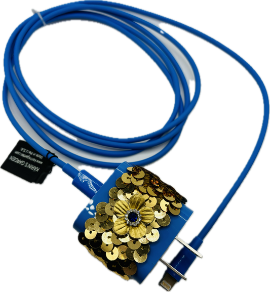 Karin's Garden Royal Blue Phone Charger Gold Sequin & Gold Leather Flower with Crystals