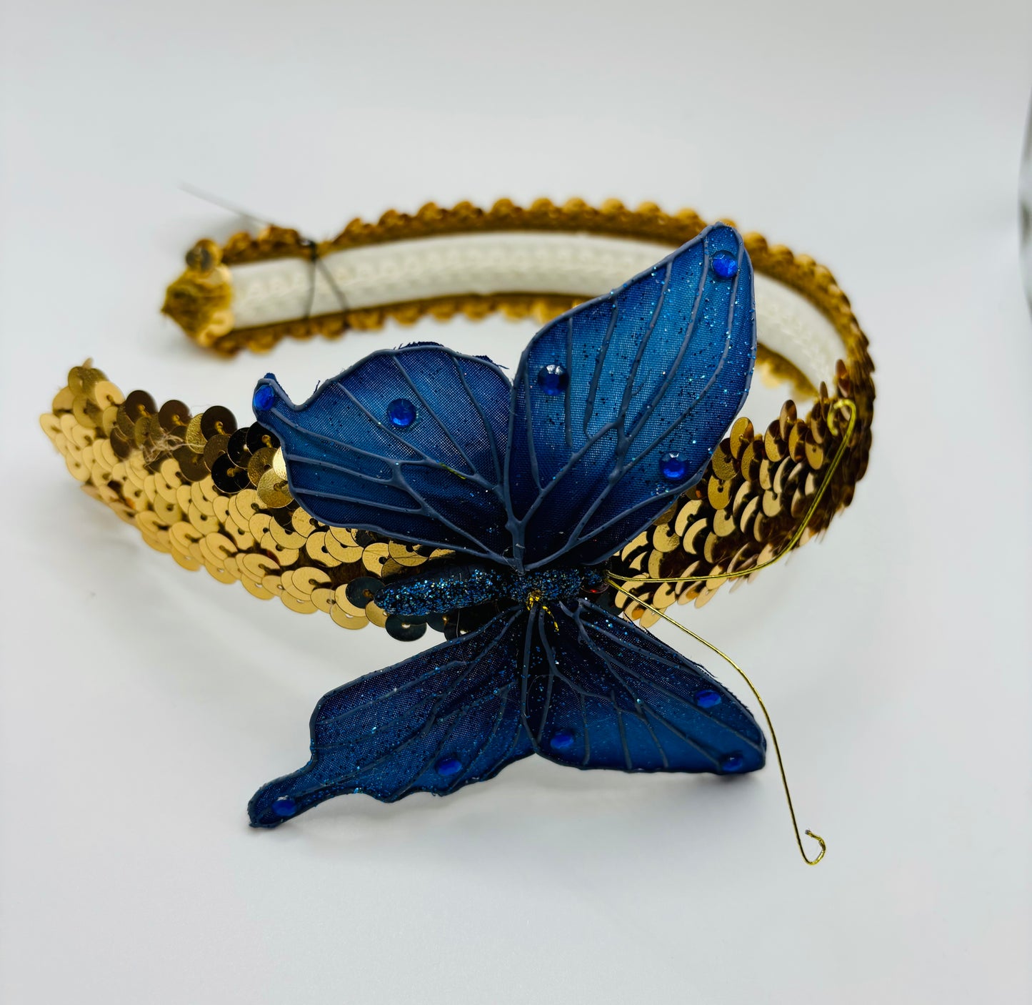 Karin's Garden Gold Sequin 1" Headband with Blue Butterfly