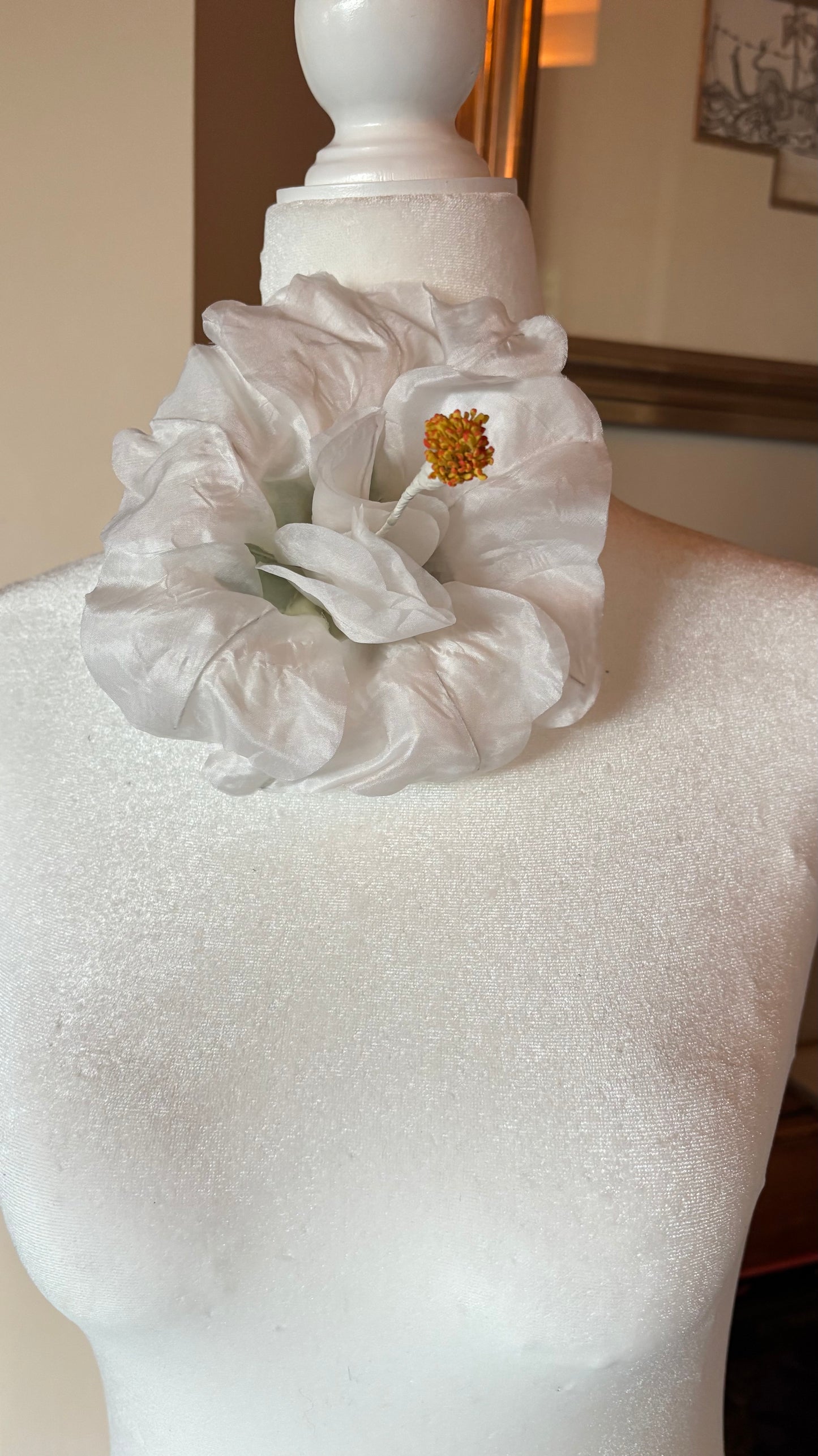 "Caterina" Vintage German White Silk GDR Hibiscus 6" Reimagined Mid-Century Brooch & Clip Duo.  For your sundress, handbag, hat & lapel.