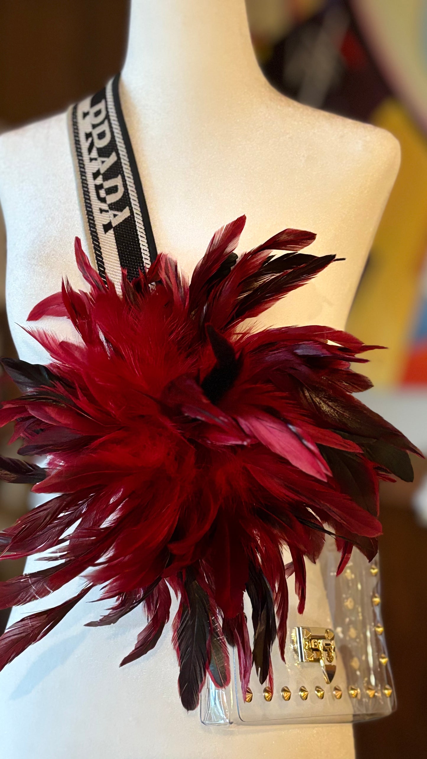 “Abracadabra” Red & Black Feather Brooch & Clip.  12" Pin or Clip to lapel, dress, blazer, clip onto wrist elastic, jacket, handbag, hair, hat and more.