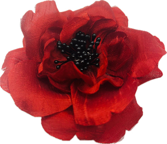 Karin's Garden Charlotte 3" Red Silk Rose Pin.  Pin or Clip into Hair or Lapel.  Made in the USA.  A top seller, a favorite size.