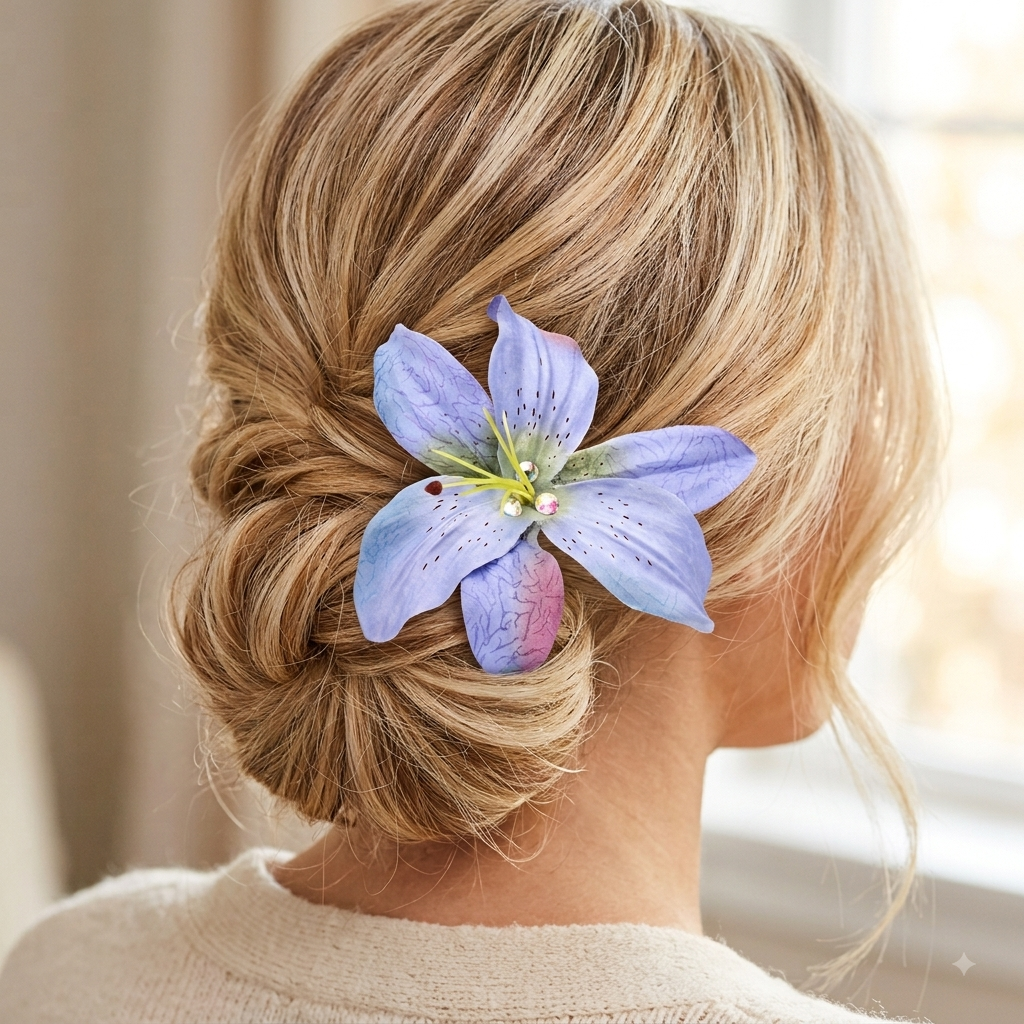 Abigail Blue Lily Pin and Clip with Swarovski Crystals. Clip to dress, into hair, onto lapel, bag, hat and more.