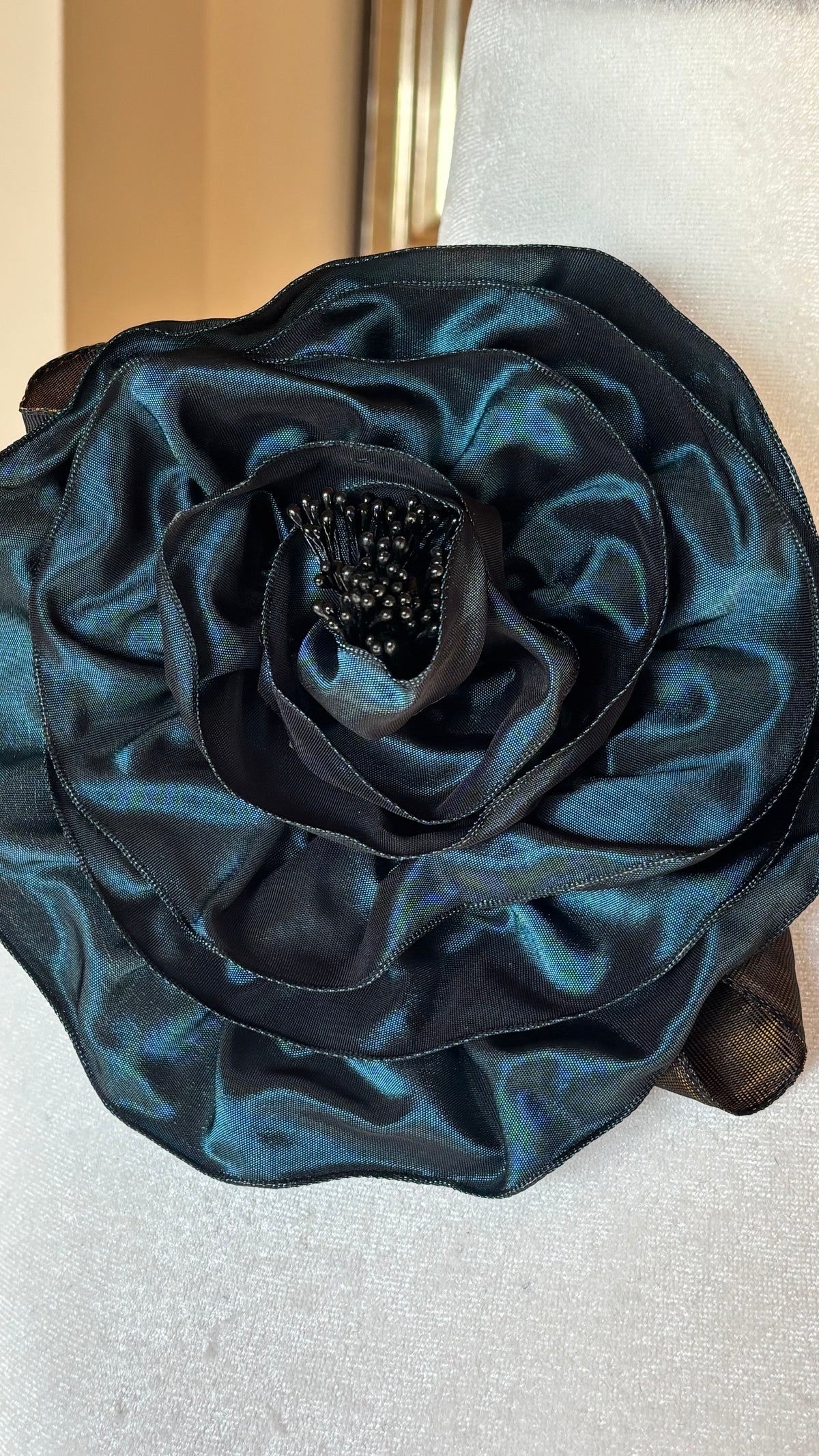 “Rosette” Brooch & Clip in Teal.  Pin or Clip to dresses, lapels, handbag or hat.  Made in the USA.  You can reshape the flower and leaves.