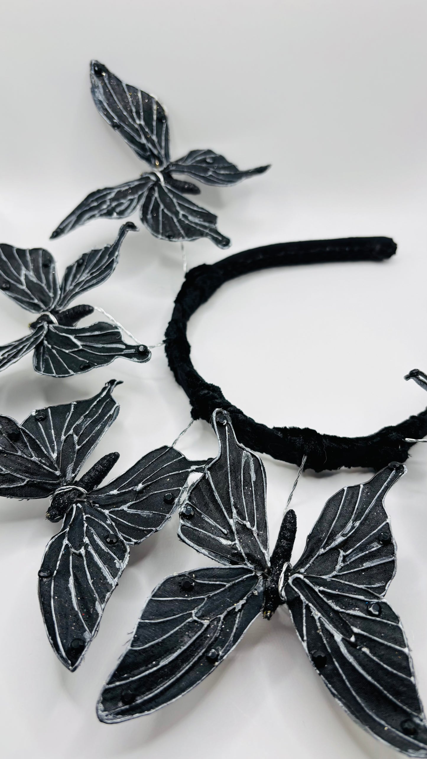 “Vanessa” Black Butterflies Headband.  Comfort Fit Silk Headband, Bendable Butterflies.  Handmade in Bellevue, Washington. Clothing by detailsdancewear