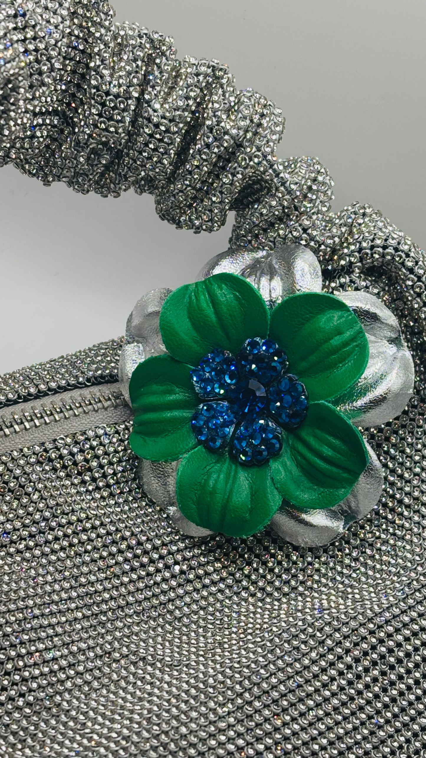 "Seahawks" Glam Leather Crystal Daisy Pin & Clip 2 1/2".  Crystal Center.  Blue with Green Center. Made in Seattle with Love