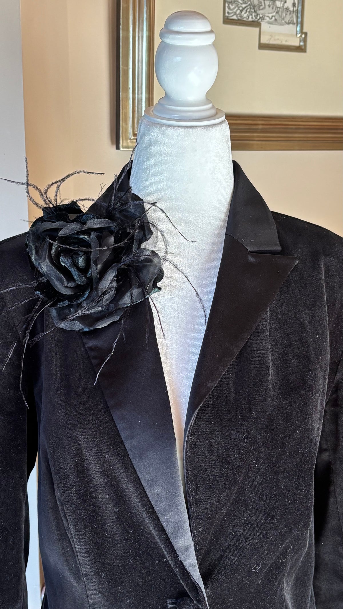 St John II - Black Silk Organza and Silk Velvet Rose Pin Clip with Ostrich.  Clip or Pin into your hair, wear on your lapel, dress, handbag, necklace or hat.