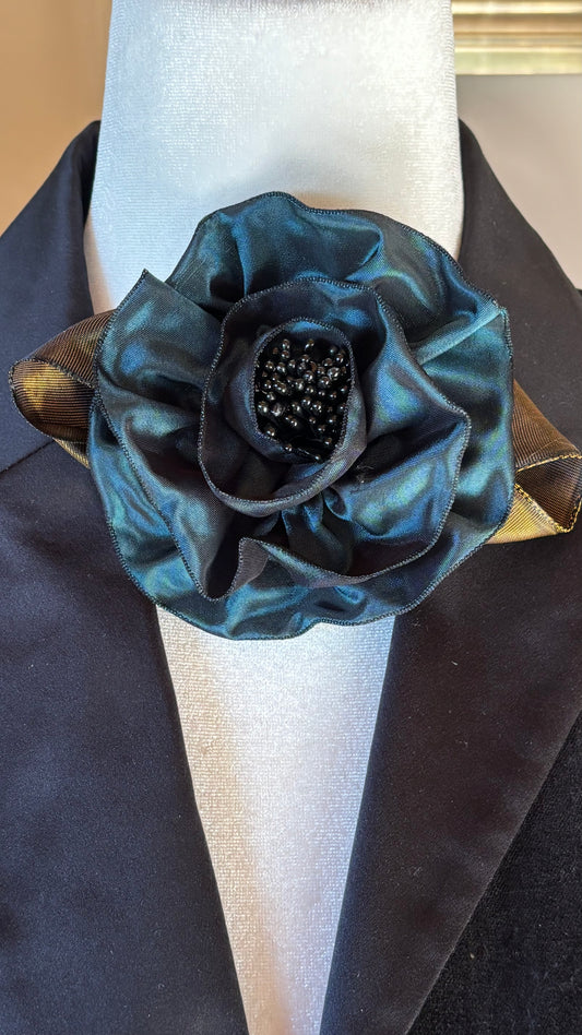 Francesca Petite Brooch & Clip in Teal.  Pin or Clip to dresses, lapels, handbag or hat.  Made in the USA.  You can reshape the flower and leaves.  Taffeta from France.
