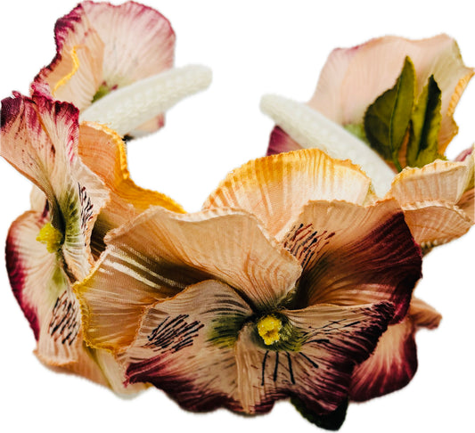 Karin's Garden "Dakota" Classic Life Like Pansy & Velvet Leaves Headband.  1" Comfort Fit Headband.  Handmade in the USA.