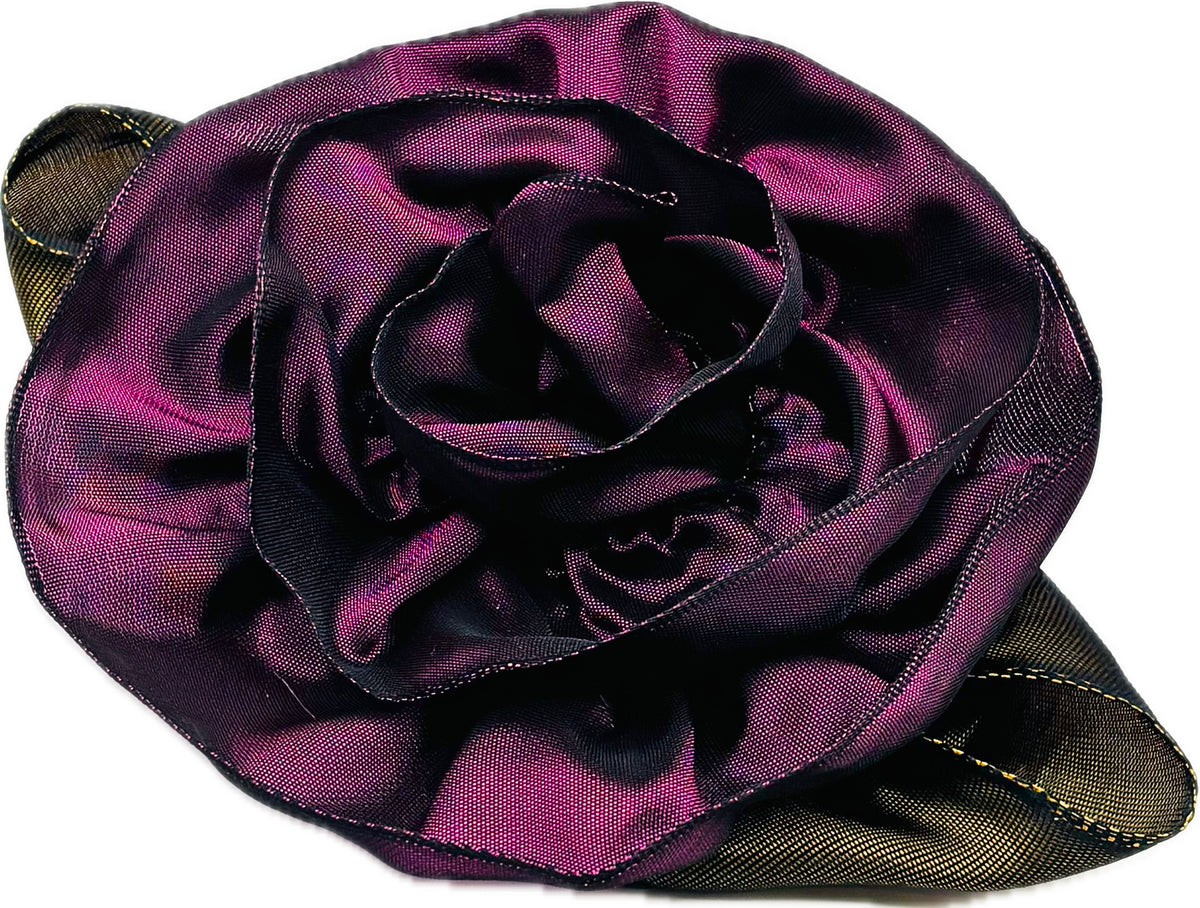 “Rosette” Brooch & Clip Plum.  Pin or Clip to dresses, lapels, purse, hat or wear as a boutonniere. Made in the USA.  You can reshape the flower and leaves to make it larger or smaller.