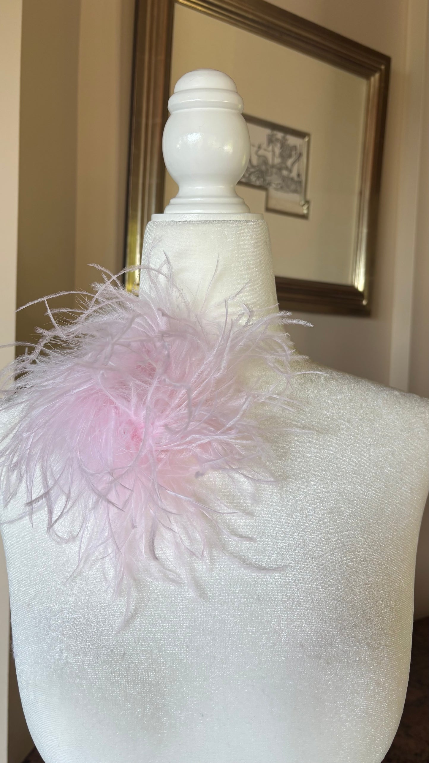 "Dietrich" Petite Ostrich Pin & Clip in Baby Pink.  Made in the USA. Genuine Ostrich. Available in many colors.  Available in Petite or Grand