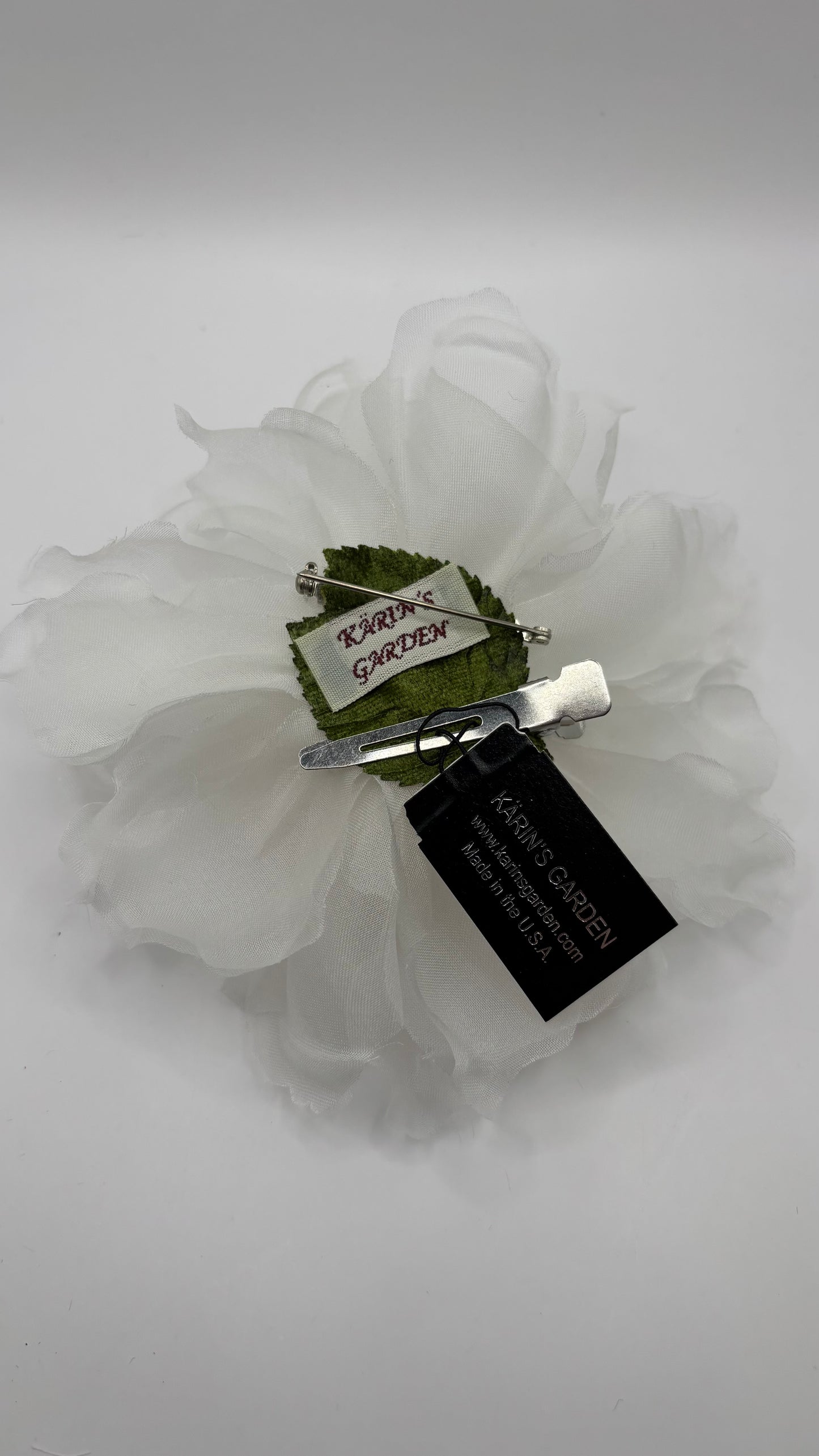 Karin's Garden "Harper" 4" Silk Fuchsia Organza Gardenia Pin Brooch & Clip. Handmade in the USA.  Pin or Clip into hair, onto dress, lapel, handbag and more.