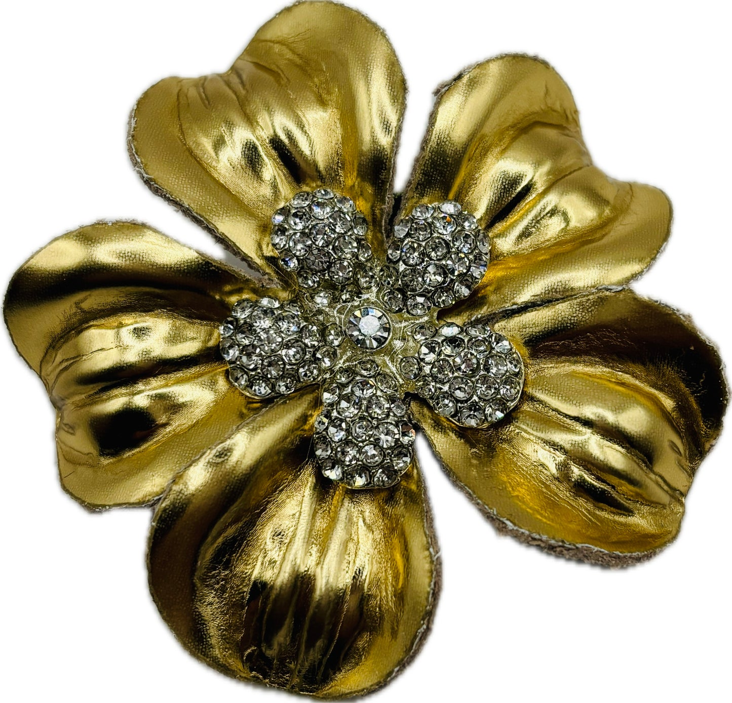 “Claudette” Gold Leather & Jeweled Flower Clip. 2.25" Clip into hair, onto lapel, necklace, purse, hat & more.  Made in the USA with Love.