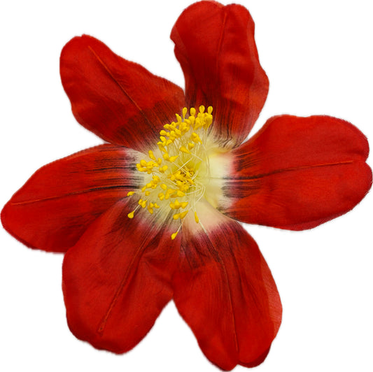 "Clementine" 4" Silk Clematis Red Brooch and Clip. Karin's Garden. Bendable Petals. Pin or Clip into hair, onto dress, lapel, handbag and more.